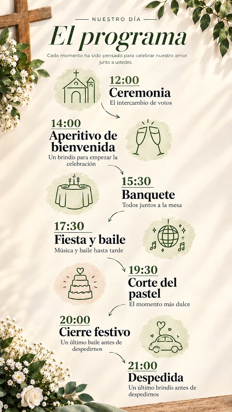 Programa del evento: ceremonia, aperitivo de bienvenida, banquete, fiesta y baile, corte del pastel, cierre festivo y despedida