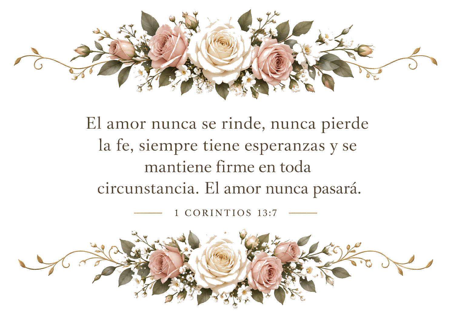 El amor nunca se rinde, nunca pierde la fe, siempre tiene esperanzas y se mantiene firme en toda circunstancia. El amor nunca pasará. 1 Corintios 13:7